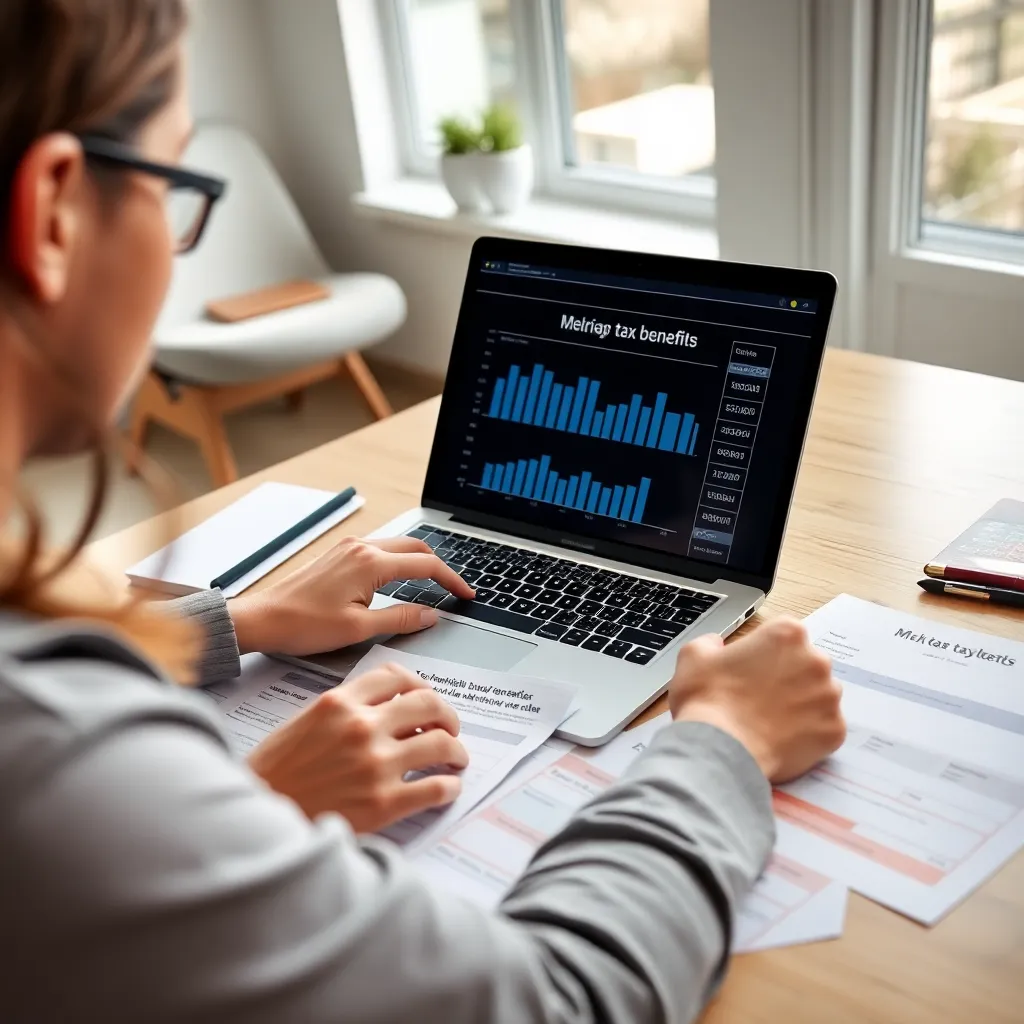 Persoon berekent belastingvoordelen op laptop met belastingdocumenten
